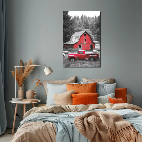 Cozy Rustic Farmhouse Wall Art 24x36 Inch Red Barn Scene With Vintage Red Truck And Sheep, Classic Canvas Print for Bedroom Decor