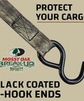 Mossy Oak Break Up Infinity Camo ratchet strap with black coated S-hook end.
