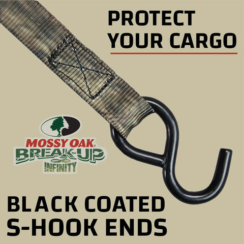 Mossy Oak Break Up Infinity Camo ratchet strap with black coated S-hook end.
