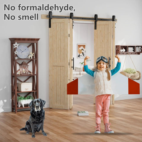 Workhorse Spruce Wood Bifold Barn Door Kit Includes 90 Inch Track Assembly Free Double Door Panels 84X84 Inches For Closets with child and dog