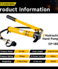 Badass 50 Ton Hydraulic Cylinder Jack Set With CP 700 Hand Pump And Two Inch Stroke Single Acting Auto Retract Ram For No Sweat Heavy Duty Garage And Shop Work Tasks, CP-180 hydraulic hand pump with yellow body and hose.