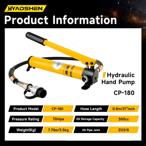 Badass 50 Ton Hydraulic Cylinder Jack Set With CP 700 Hand Pump And Two Inch Stroke Single Acting Auto Retract Ram For No Sweat Heavy Duty Garage And Shop Work Tasks, CP-180 hydraulic hand pump with yellow body and hose.