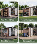 8x12 Ft Outdoor Metal Shed Built Tough For Everyday Yard Gear With Open Firewood Bay And Lockable Doors shown in various uses