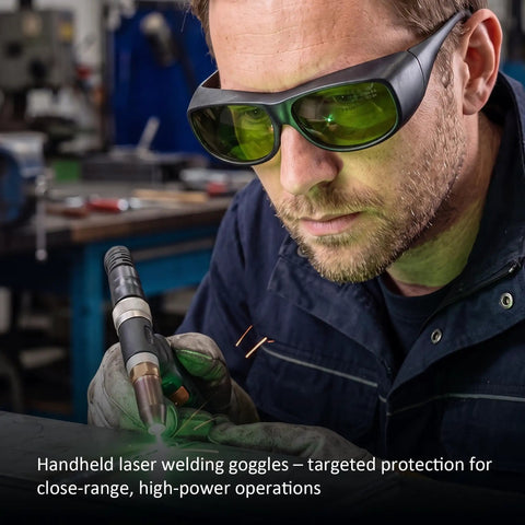 Badass Laser Safety Glasses With Sleek High Density Lenses Blocking Mean Laser Beams For Welding And Hair Removal Jobs Featuring Rugged Pro Grade Wide Spectrum Eye Shield Gear worn by a man operating a laser welder.