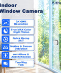 No Drills Necessary Two Pack 2K Window Security Cameras Indoor Home Surveillance For Round The Clock Ai Person Detection And Vivid Color Night Vision With Dual Band Wifi Recording And Solid Guard displayed next to a bright window.