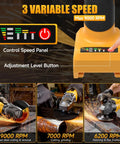 Control panel of Hardcore Cordless Angle Grinder 4 Inch Smooth Operator showing three speed settings for precision use.