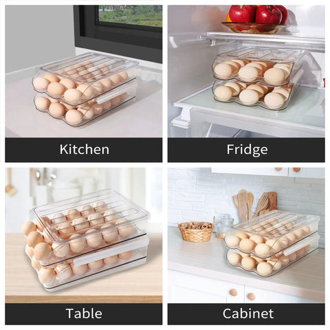 Automatic Rolling Egg Holder For Refrigerator in kitchen, fridge, table, and cabinet; clear stackable 36-egg organizer with lid.