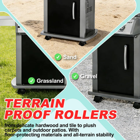 Locking Caster With Insert Replacement Wheel Set for grills on grassland, sand, gravel surfaces showing terrain proof rollers