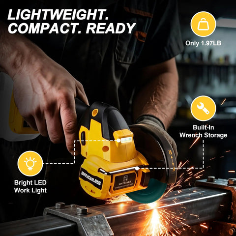 Badass Cordless Cut Off Tool Featuring Brushless Motor Delivers Killer 18000 Rpm Cuts With Three Speed Tweaks For Flawless Wood Metal Cutting Results On Any Project in use with LED light.