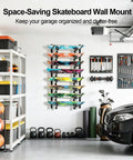 Super Slick Horizontal Skateboard Wall Mount Rack For All Board Types Features Six Tier Deck Holder For Longboards Cruisers And Surfboards easy garage organization setup with colorful skateboards displayed.