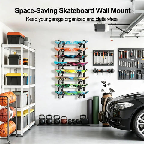 Super Slick Horizontal Skateboard Wall Mount Rack For All Board Types Features Six Tier Deck Holder For Longboards Cruisers And Surfboards easy garage organization setup with colorful skateboards displayed.