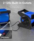 15 Inch Pivoting Blower Fan With 375 CFM Airflow Portable Floor And Carpet Dryer showing 120v outlets and reset button