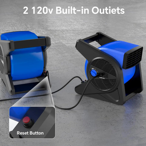 15 Inch Pivoting Blower Fan With 375 CFM Airflow Portable Floor And Carpet Dryer showing 120v outlets and reset button
