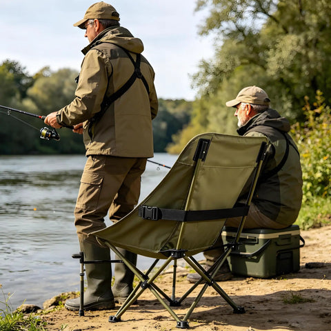 Two people fishing by a river with a foldable fishing chair and gear, outdoor setting with trees and water.