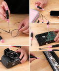 Slick 10 Piece Precision Screwdriver Set With Ergonomic Comfort Grip And Sturdy Pink Pouch For Electronics Repair Watch Maintenance And Tight Fastening Jobs Featuring Top Notch Accuracy Zero Hassle Setup And Solid Bang For Your Buck For Tech Gear in use repairing glasses, camera, and electronics.