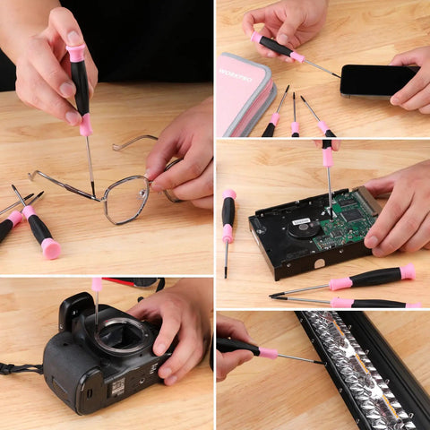 Slick 10 Piece Precision Screwdriver Set With Ergonomic Comfort Grip And Sturdy Pink Pouch For Electronics Repair Watch Maintenance And Tight Fastening Jobs Featuring Top Notch Accuracy Zero Hassle Setup And Solid Bang For Your Buck For Tech Gear in use repairing glasses, camera, and electronics.