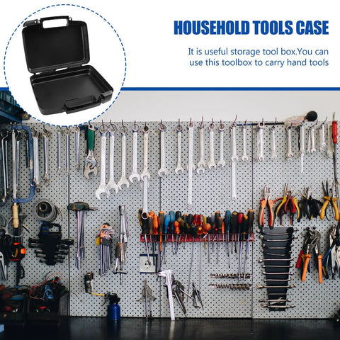 Tough As Nails Plastic Toolbox With Reinforced Carry Handles For Home Repairs And Power Tool Storage Organizer Bin Crafted Snappy For Weekend Warriors And Trade Pros on a workbench with various hand tools visible.