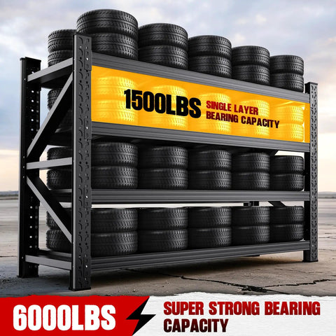 6000 Lbs Heavy Duty Metal Garage Shelving Unit 4 Tier Adjustable Storage Racks with stacked tires for easy organization.