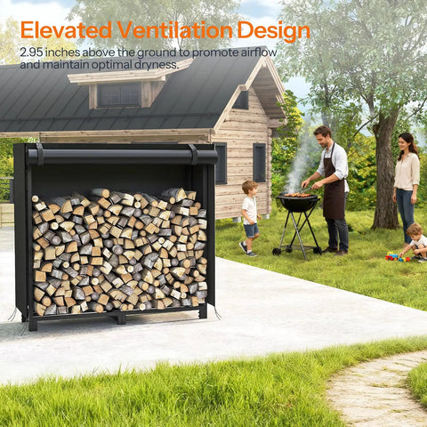 Adjustable Firewood Rack With Cover For Indoor And Outdoor Use next to family in garden, holding firewood, weatherproof Oxford fabric cover, large capacity, black.