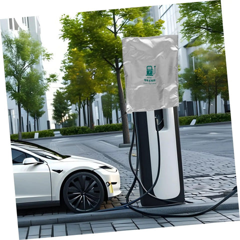 Rock Solid EV Wall Charger Cover Built To Crush Rain And UV Exposure Sleek Outdoor Shield, silver cover on EV charger outdoor.