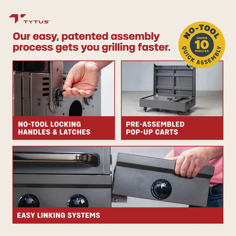 No-tool locking handles and latches for easy setup of Heavy Duty Rolling Outdoor Kitchen Island Cart With Electric Griddle And Portable Bbq Grill.
