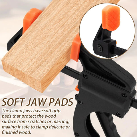 5 Pack 4 Inch One Handed Bar Clamps For Woodworking Quick Change F Clamp Set For Gluing Drilling Sawing And Securing Carpentry And DIY Projects With Soft Jaw Pads To Protect Wood Surfaces, close-up on wood