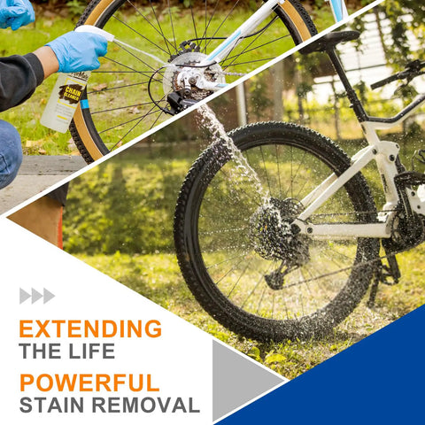 Bike Chain Cleaning Kit With Biodegradable Degreaser and spray cleaning process shown on a bicycle wheel