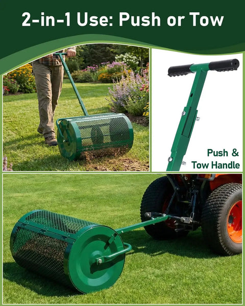 Heavy Duty Workhorse 24 Inch Compost Spreader With Push And Tow Handle Five Height Adjustable Powder Coated Steel Garden Spreader