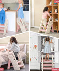 Pretty Darn Versatile Foldable Toddler Step Stool For Bathroom Sink And Kitchen Counter With Adjustable Height Settings And Safe Handles To Make Potty Training An Absolute Dream For Growing Kids In Soft Pink used in kitchen and bedroom.