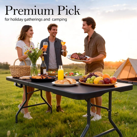 Friends enjoying a meal on a Six Foot Folding Table With Carrying Handle That's Built Tough For Indoor And Outdoor Parties.