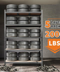 Heavy Duty Five Tier Metal Storage Rack With Adjustable Shelves For Garage Workshop Built Like A Tank Organization System Supporting Four Hundred Pounds Per Shelf Rust Proof Steel, holding stacked tires.