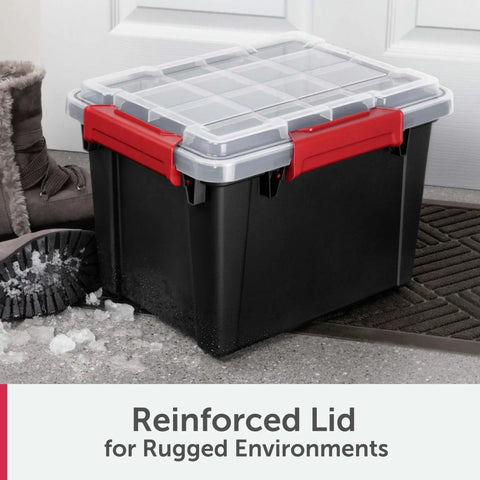 Rugged 5 Gallon Waterproof Storage Bin With Tight Gasket Seal And Heavy Duty Latches next to winter boots on a snowy surface.
