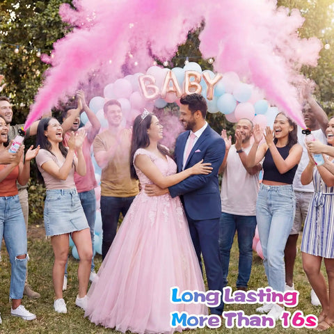 Next Level Gender Reveal Fire Extinguisher Smoker Bomb Two Pack Biodegradable Baby Shower Party Decorations in pink smoke at celebration.