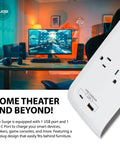 Close-up of 25 Foot USB C And USB A Surge Protector Power Strip With 8 Outlets 4200 Joules in home theater setup