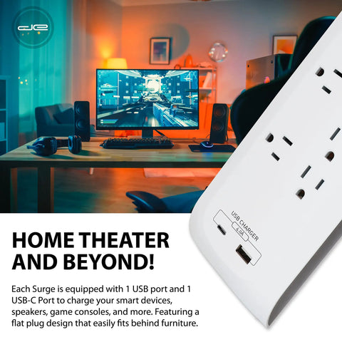 Close-up of 25 Foot USB C And USB A Surge Protector Power Strip With 8 Outlets 4200 Joules in home theater setup