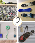 Premium Heavy Gauge Steel Screw In Hooks 12 Pack hold bikes, snowboards, and tools on walls and ceilings.