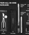 Wine Chiller Set With Chill Rods Foil Cutter Stopper Ebook And Drip Free Pourer Premium 7in1 package components displayed
