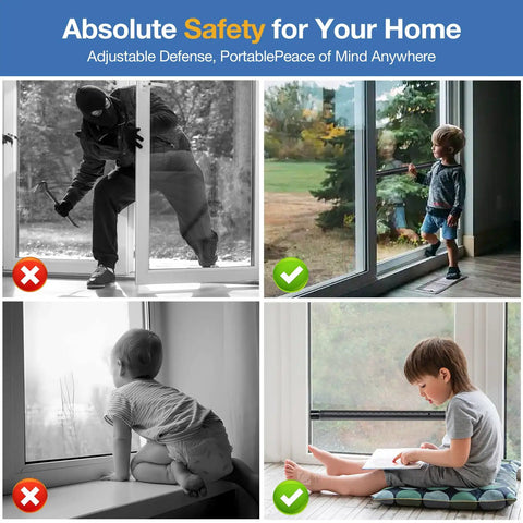 Image showing adjustable door security bar and window jammer, highlighting safety and use at home for children and pets.