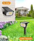 8 Pack Solar Powered Spot Lights Outdoor With 76 LED For 700 Lumens Warm White, mounted on wall and staked in ground