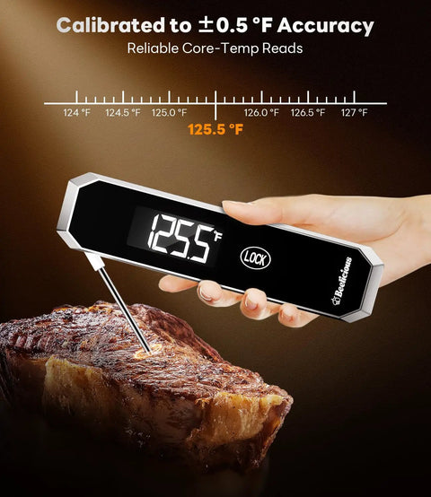Instant Read Meat Thermometer With Temp Lock And Auto Resume 0.5 Second Digital Probe displays 125.5°F inserted in meat