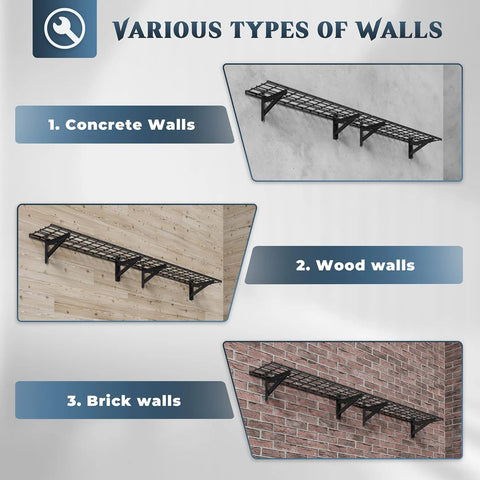 Two Pack Wall Mounted Garage Shelving Delivers Bulletproof 700 Lb Heavy Duty Capacity While Keeping Your Premium Power Gear Stacked Tight Without Any Hassle displayed on concrete, wood, and brick walls.