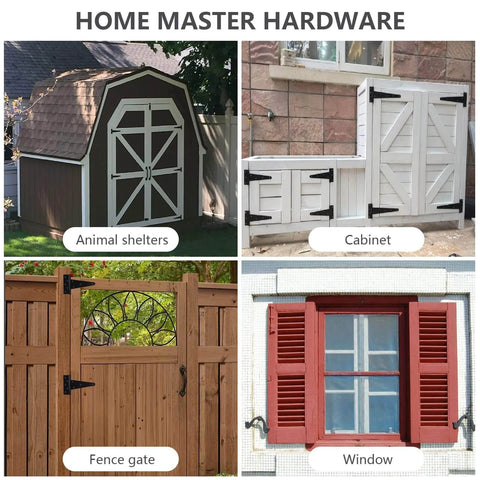 Collage of shed, cabinet, fence gate, and window showcasing 8 Inch Heavy Duty T Strap Hinge Set With Screws Black Finish.