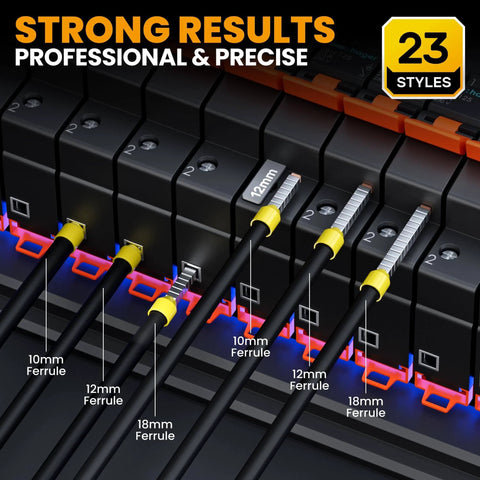 Ferrule Crimping Tool Set Pro Grade With 23 Wire End Ferrules And Storage Case showing 10mm, 12mm, 18mm ferrules in use.