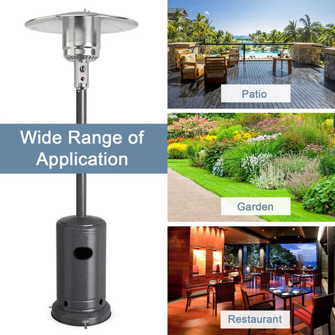 Outdoor Patio Heater With 50,000 BTU Propane Heater, Stainless Steel Burner, Wheels, And Triple Protection, standing on a patio