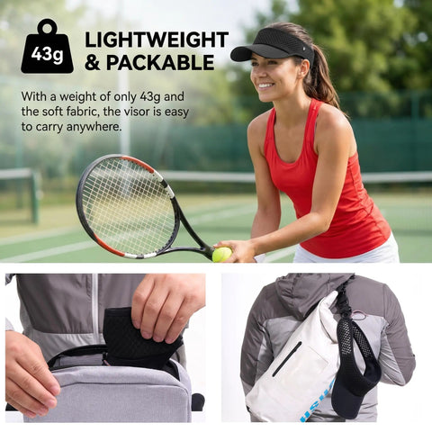 Female tennis player using Moisture Wicking Sun Visor Hat With Adjustable Strap for Running Tennis Golf and Hiking in black.