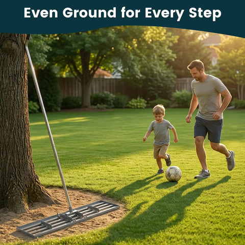 Lawn Leveling Rake 45 Inch Heavy Duty Stainless Steel Leveler For Backyard And Garden Spreader Topdressing Tool in use