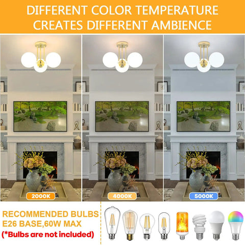 Gold 3 Light Semi Flush Mount Ceiling Light Fixture With Off White Hand Blown Glass Shade for different color temperatures.