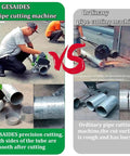Comparison of Gesaides Electric Automatic Pipe Cutter vs Ordinary pipe cutter, showing smooth cuts and safety features.