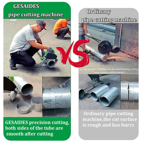 Comparison of Gesaides Electric Automatic Pipe Cutter vs Ordinary pipe cutter, showing smooth cuts and safety features.