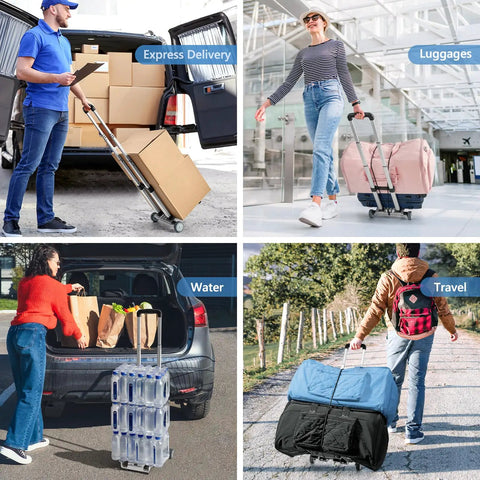 Slick Folding Luggage Cart With Wheels Lightweight Hand Truck And Portable Trolley Dolly For Airport Travel Expandable Aluminum Base Handles 120 Pounds Smooth Rolling Wheels used for carrying bags and boxes in various settings.